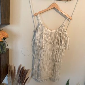 FUN groovy bachelorette or party dress! White rhinestone and fringe mini dress.